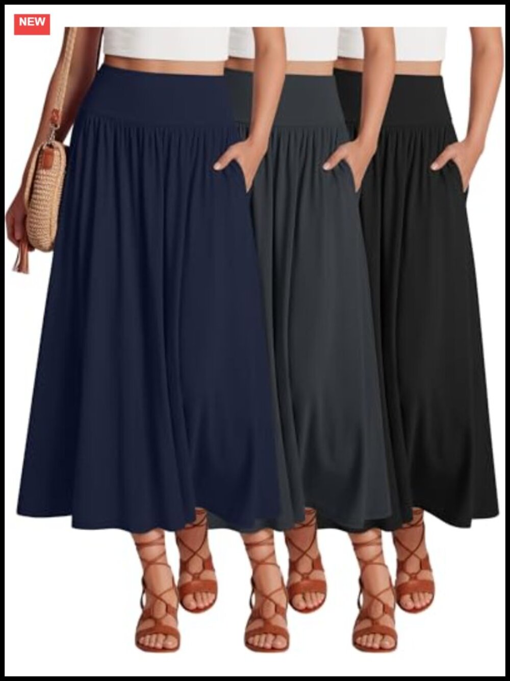 3 Pack Maxi Long Pleated A-Line Skirts with Pockets Ankle Length